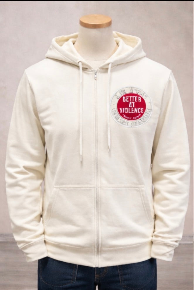 WHITE HOODIE ZIPPER "BETTER AT VIOLENCE"