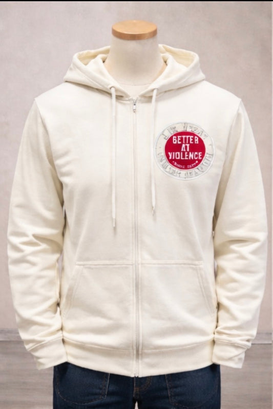 WHITE HOODIE ZIPPER "BETTER AT VIOLENCE"